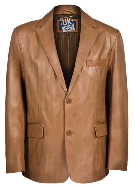 Mens 2 Button Tan Leather Blazer Custom Tailored