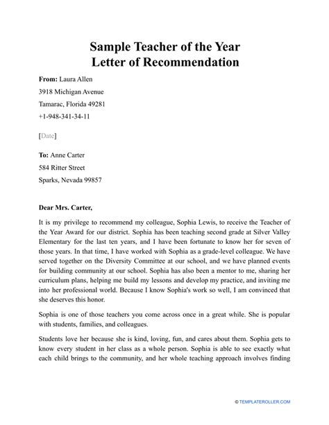Sample Teacher Of The Year Letter Of Recommendation Download Printable