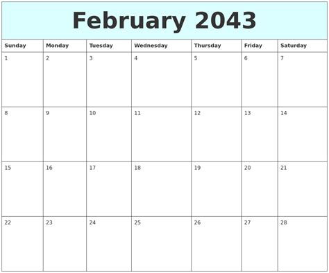 February 2043 Free Calendar