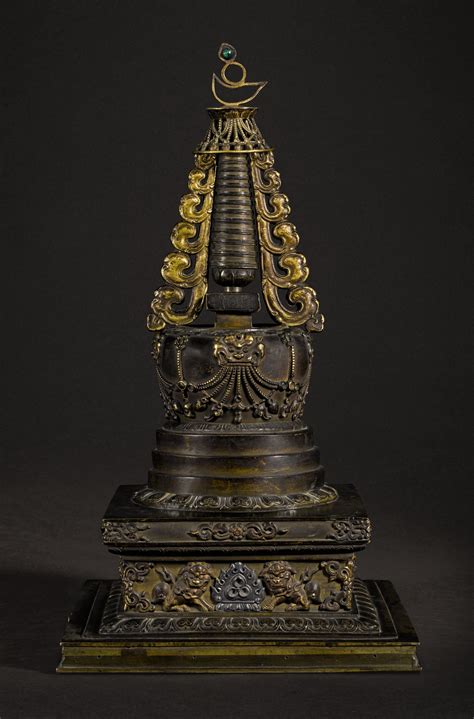 A Parcel Gilt Embellished Bronze Stupa Qing Dynasty 18th Century