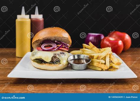 Burger With Cheese Onion Bacon Pickle French Fries Bbq Ketchup