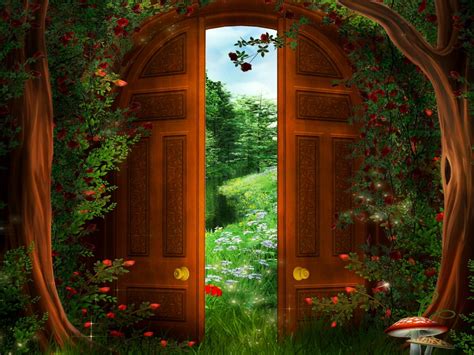 Download Mushroom Tree Green Grass Flower Magical Door Fantasy Artistic