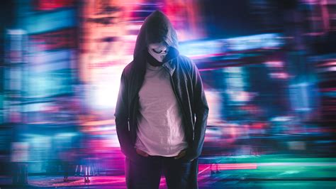 Download Masked Man Anonymous Hoodie Hacker Neon City