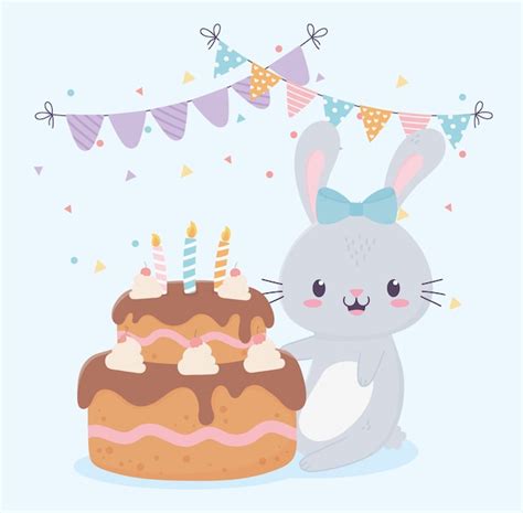 Premium Vector Happy Birthday Cute Rabbit Cake With Candles Bunting