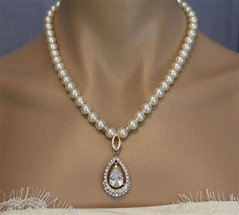 Gold Bridal Necklace Teardrop Pearl Necklace Bridal By JamJewels1