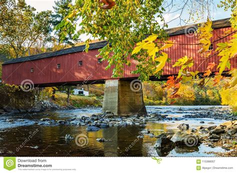 Traditional Red Covered Bridge In Autumn Stock Image Image Of