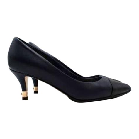 Chanel Cap Toe Navy Blue Leather Pumps For Sale At 1stdibs