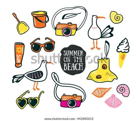Set Cute Summer Beach Icons Vector Stock Vector Royalty Free