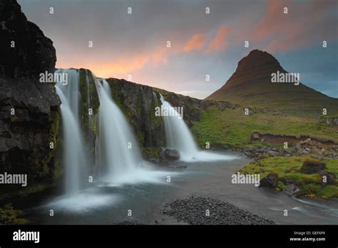 Kirkjufellsfoss And Mount Kirkjufell Vesturland Iceland Stock Photo