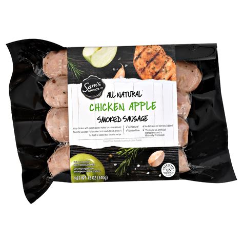 Sam's choice all natural smoked chicken apple sausage combines juicy chicken with sweet apples and makes for a marvelously flavorful sausage. Sam's Choice All Natural Chicken Apple Smoked Sausage, 12 oz - Walmart.com - Walmart.com