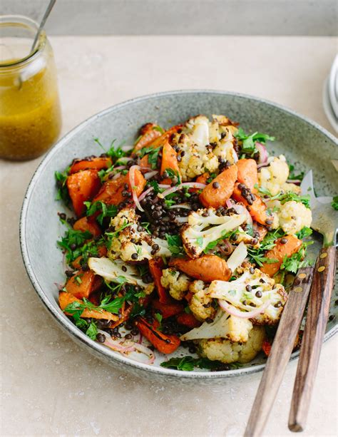 Roasted Carrot Cauliflower And Black Lentil Salad With Honey Mustard