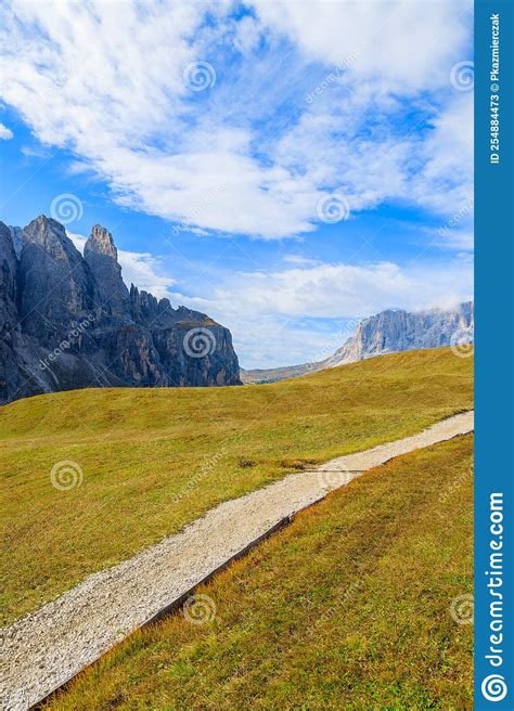Hiking Path In Dolomites Mountains Near Passo Gardena Italy Stock