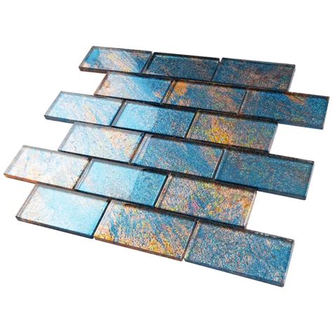 2x4 Glossy Glitter Blue Sky With Redish And Orange Brick Glass Mosaic Tiles For Bathroom And