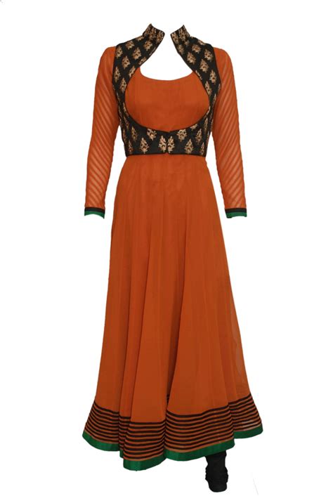 An Orange Anarkali With Copper Brocade On Black Koti Dress Neck Designs Stylish Dress Designs