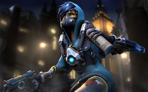 Download Wallpapers Tracer With Gun 4k Cyber Warrior Night