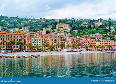 Crowded Beach Of Santa Margherita Ligure Town View From The Bay