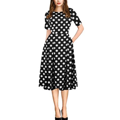 Polka Dot Dress For Women Half Sleeves Pleated Vintage Midi Bodycon
