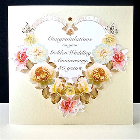 Antique Floral Heart Handmade Golden Wedding Anniversary Card
