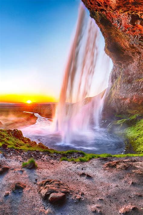 Beautiful Seljalandsfoss Waterfall In Iceland During The Sunset Stock