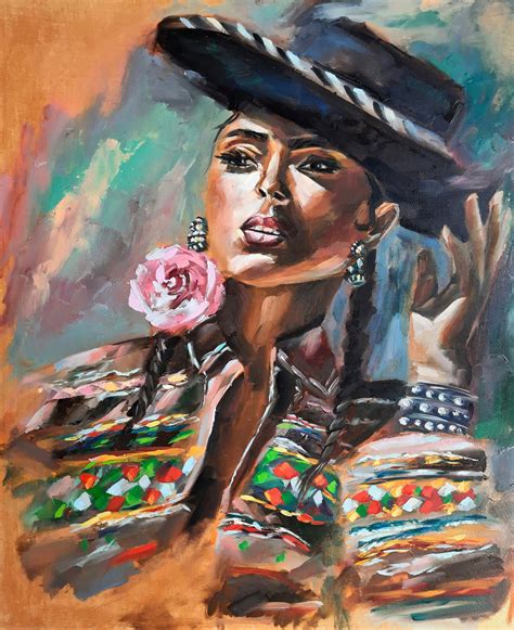 Mexican Woman Painting Original Oil Painting Woman In Hat Boho Etsy