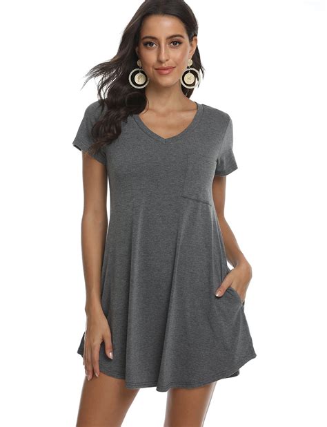 Womens Short Sleeves Casual V Neck T Shirt Dress Swing Loose Fit Flowy