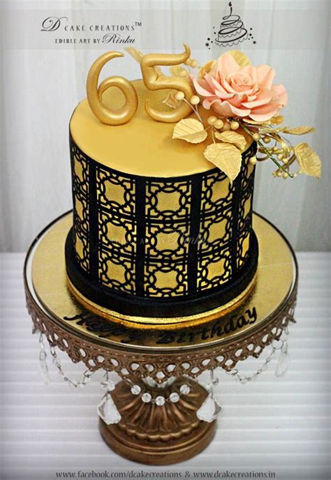 Gold Cake With Black Punched Pattern And Sugar Rose For 65th Birthday 65 Birthday Cake Cakes