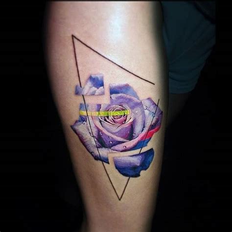 Graphic Purple Rose Tattoo On The Calf