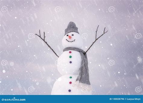 Cute Smiling Snowman In Winter Day Happy Holidays Concept Stock Photo