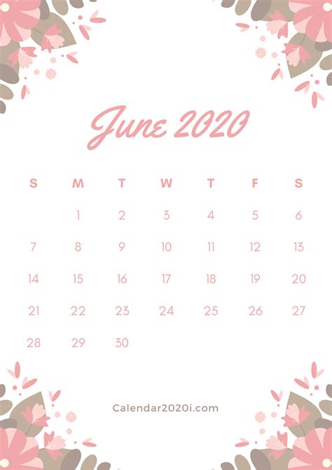 June 2020 Floral Calendar Calendar Printables Flower Calendar