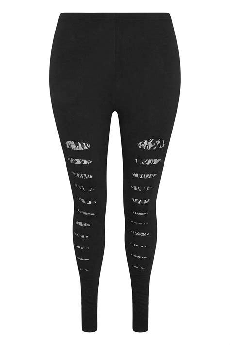 Plus Size Black Ripped Lace Insert Leggings Yours Clothing