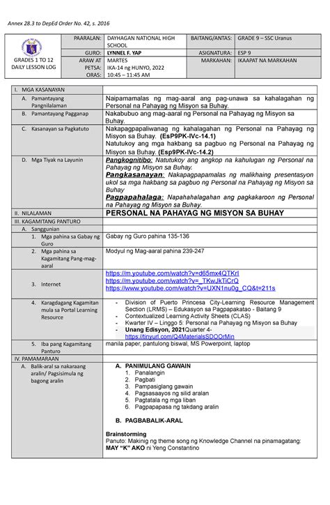 Dll Esp Cot Daily Lesson Log For Classroom Observation Tool In