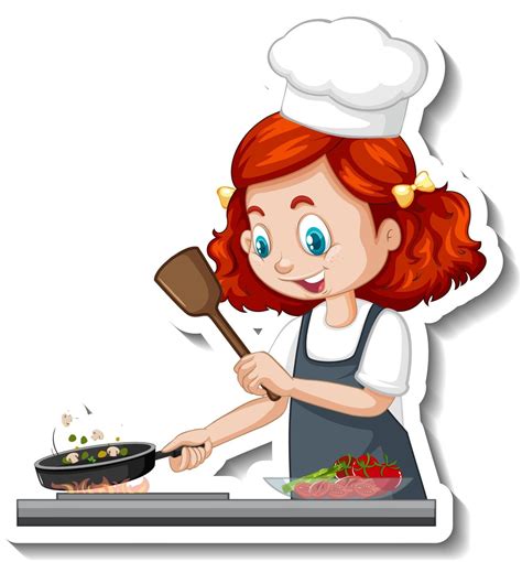 Pegatina De Personaje De Dibujos Animados Con Chef Chica Cocinando