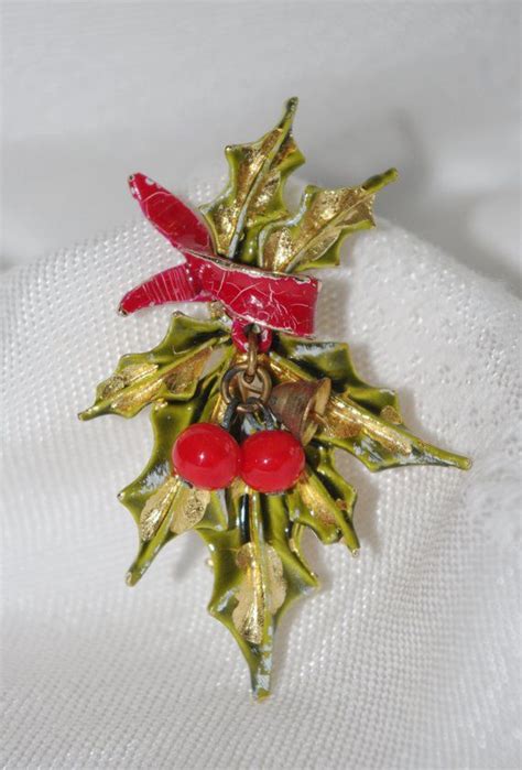 Vintage Christmas Pin Brooch Bell And Holly Marked Etsy Christmas