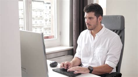 Office Man Working With Computer Pc White Shirt Bright Office Stock