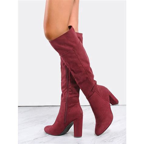 Faux Suede Chunky Heel Knee Boots Burgundy 42 Liked On Polyvore Featuring Shoes Boots