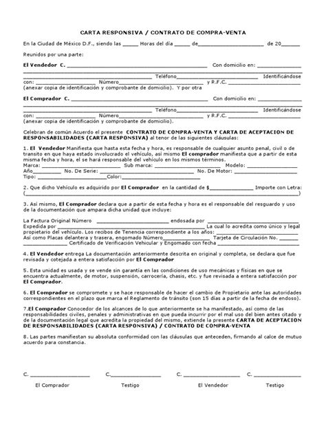 Carta Responsiva Compra Venta De Auto Pdf