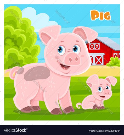 Cute Cartoon Pig On A Farm Background Royalty Free Vector