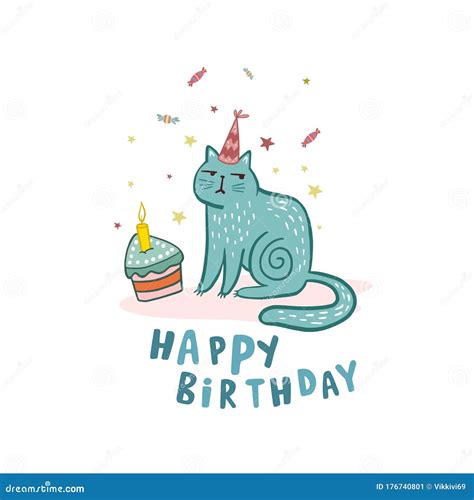 Happy Birthday Cat In Cartoon Style Vector Illustrationdrawing Cat