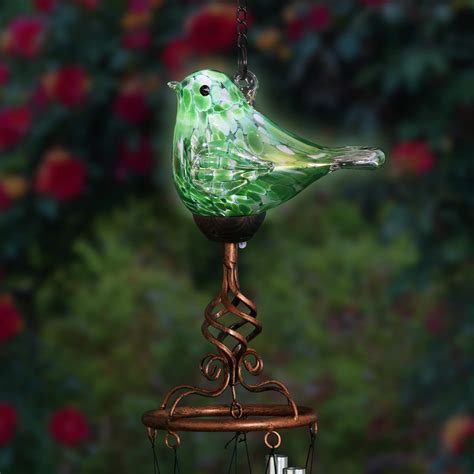 Exhart Solar Green Glass Bird Spiral Finial Wind Chimes Solar Bird Wind Chime Set