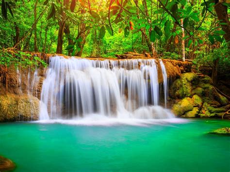 Wonderful Tropical Waterfall Blue Water Nature Forest With Green Trees 4k Uhd Background For