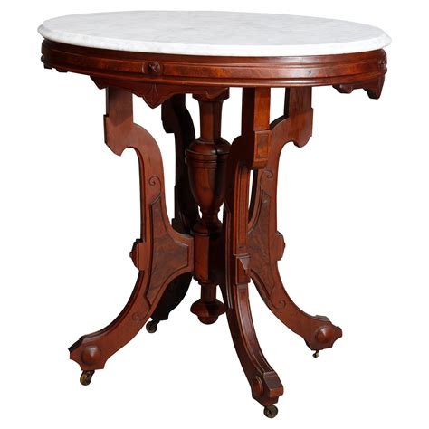 Antique Victorian Walnut And Burl Marble Top Parlor Table C1890 At