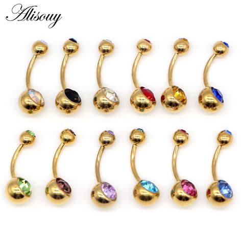 Alisouy 1pc Stainless Navel Rings Gold Color Anodized Belly Button Piercing Double Crystal