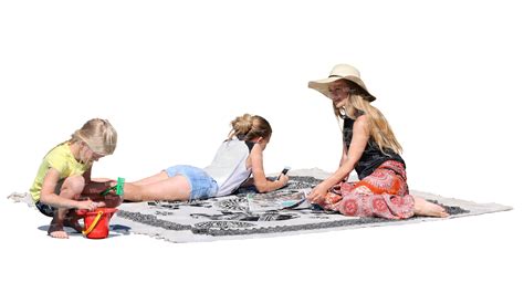 Mother With Two Daughters Sitting On A Picnic Blanket Vishopper