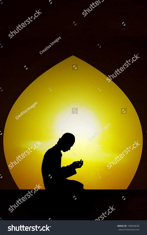 Silhouette Muslim Praying Mosque Sunset Shot Stock Photo 108828656