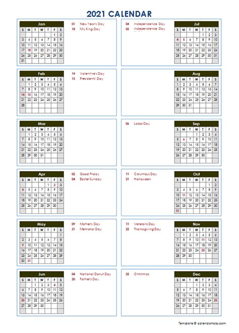 Printable Calendar 2021 Year At A Glance