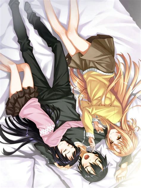 X Resolution Male Between Two Female Anime Characters Laying On Bed Hd Wallpaper