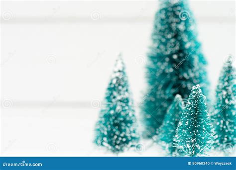 Mini Christmas Artificial Trees With Shallow Depth Of Field Stock Photo