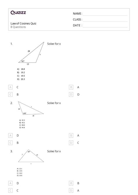 Law Of Cosines Worksheets For Th Class On Quizizz Free Printable