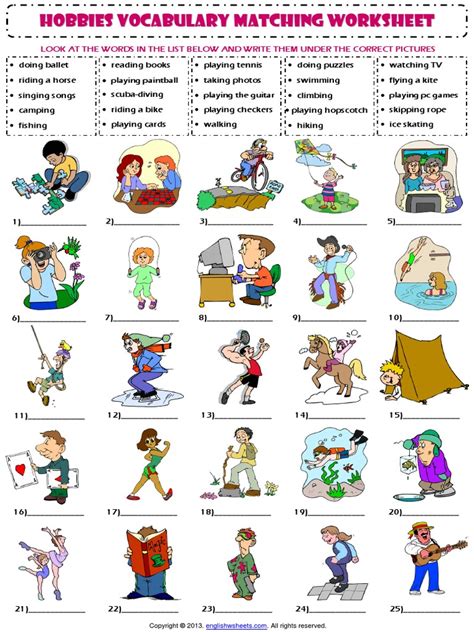 hobbies and interests vocabulary matching exercise worksheet pdf