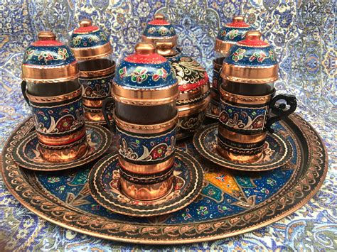 Turkish Tea Serving Set With Colorful Tray For 6 Copper Tea Etsy UK